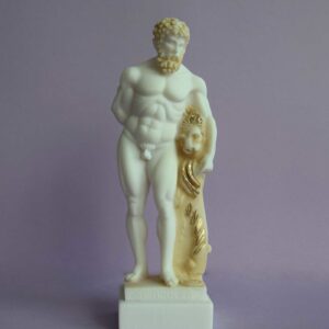 Hercules standing next to Nemea's dead Lion in Patina color