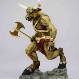 Τhe Minotaur statue holding a double-edged axe in color