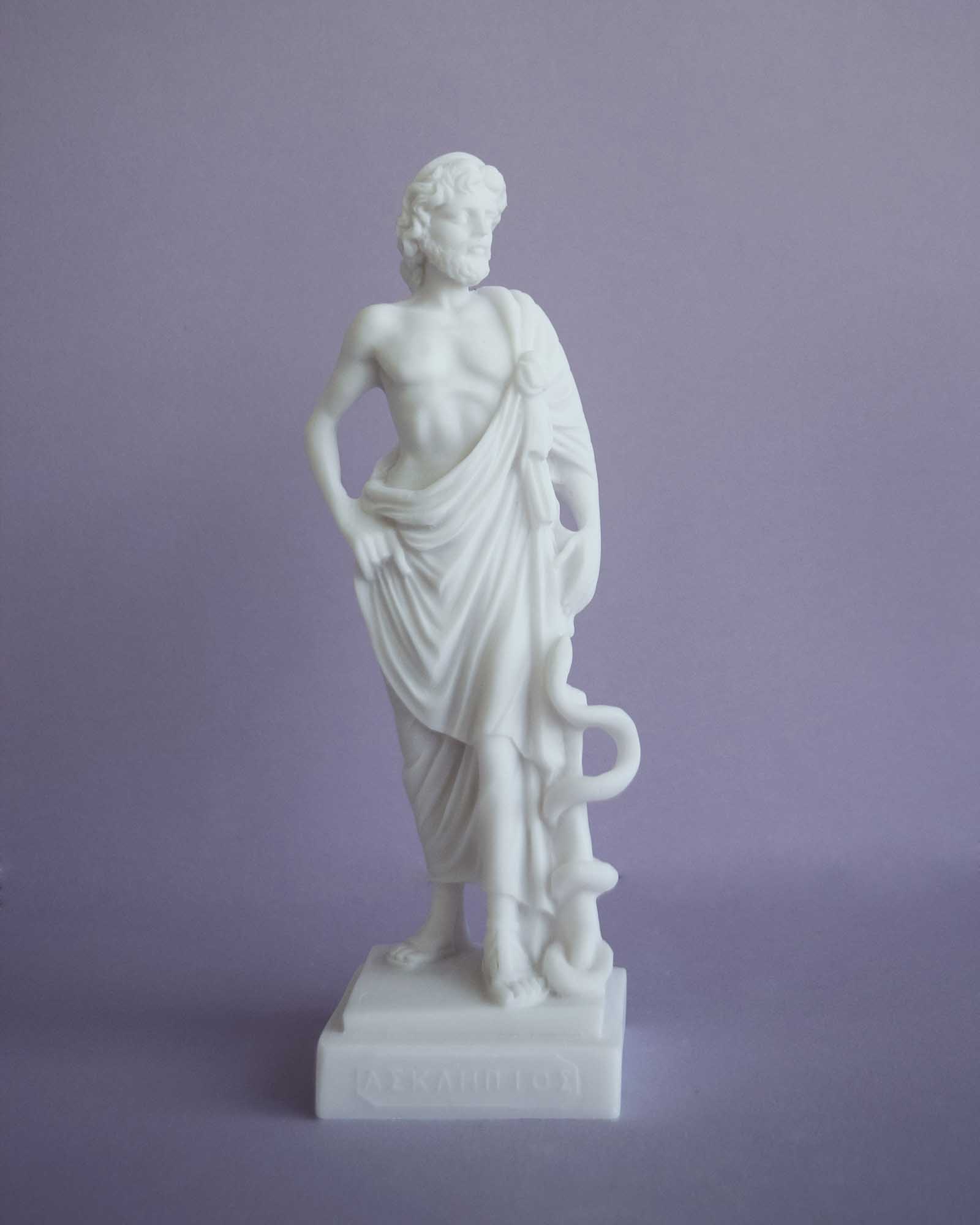 089-A1 The whole statue of Asclepius holding his serpent-entwined staff in White color