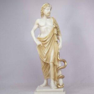 The whole statue of Asclepius holding his serpent-entwined staff in Patina color
