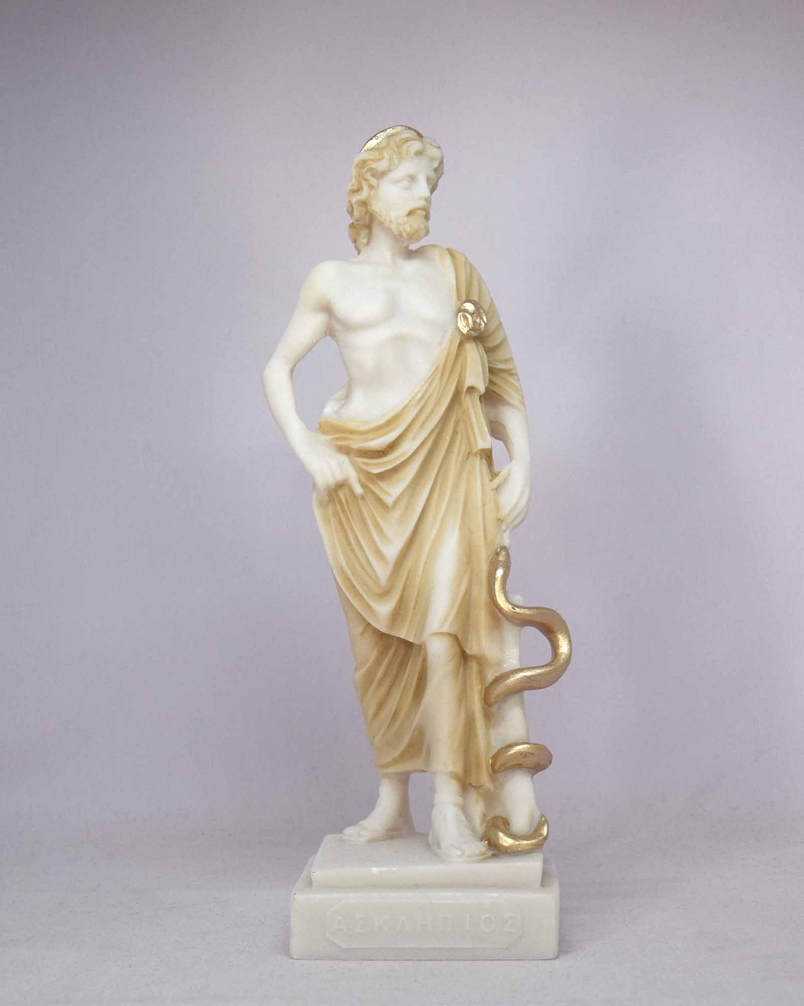 089-A2 The whole statue of Asclepius holding his serpent-entwined staff in Patina color