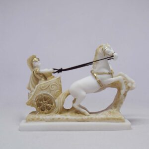 The statue of a Romeo warrior on a two-wheeled carriage carried by 2 horses in Patina color