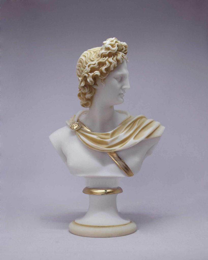 The bust statue of Apollo in Patina color