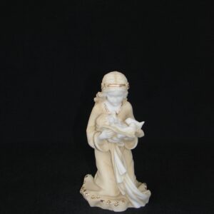 The statue of Mary holding the baby Jesus in her arms in Patina color