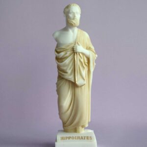 The whole statue of Hippocrates in an upright position in Patina color
