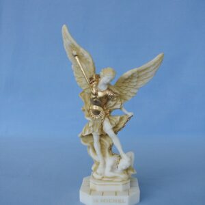 Greek statue of Saint Michael tramples Satan in Patina color