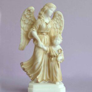 The Guardian Angel with a boy holding a flower in Patina color