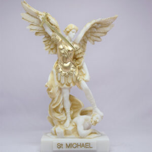 The statue of Saint Michael tramples Satan in Patina color