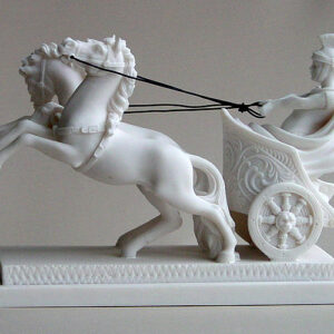 The statue of a Romeo warrior on a two-wheeled carriage carried by 2 horses (Type 3) in White color