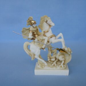 The statue of Saint George who slays the dragon in Patina color
