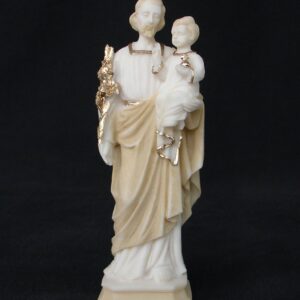Greek statue of Saint Joseph holding baby Jesus in his hand in Patina color